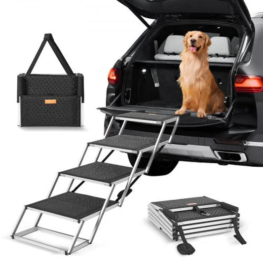 VEVOR Folding Dog Stairs | 4-Step Aluminum Pet Ramp for Cars – Lightweight, Durable & Supports Up to 250 Lbs