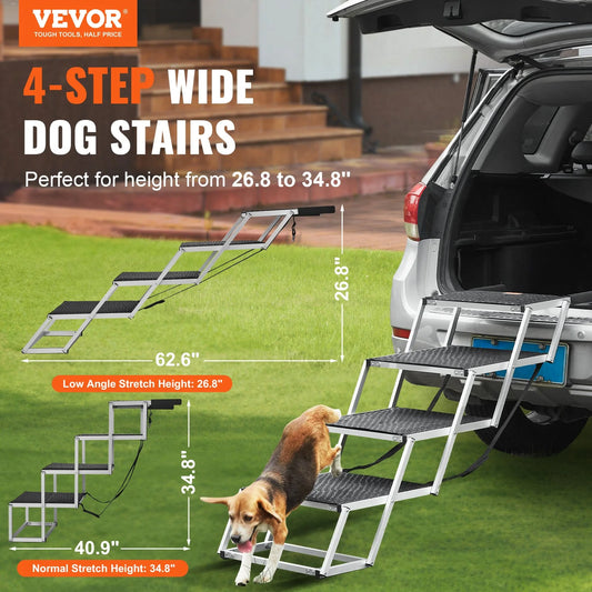 VEVOR Folding Dog Stairs | 4-Step Aluminum Pet Ramp for Cars – Lightweight, Durable & Supports Up to 250 Lbs