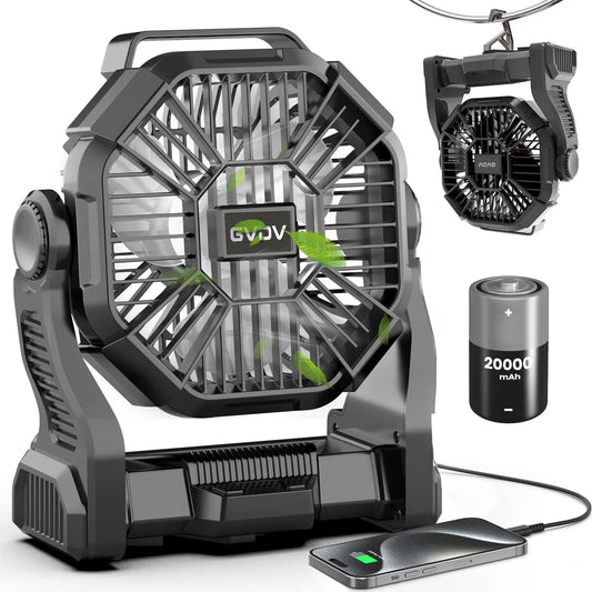 Camping Fan with LED Lantern, 20000Mah Portable Battery Operated Outdoor Fan, Personal Rechargeable Desk Fan for Travel, Hiking, Fishing, Picnic, Black